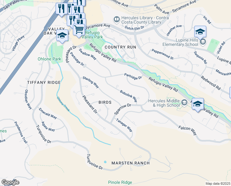 map of restaurants, bars, coffee shops, grocery stores, and more near 100 Hawk Court in Hercules