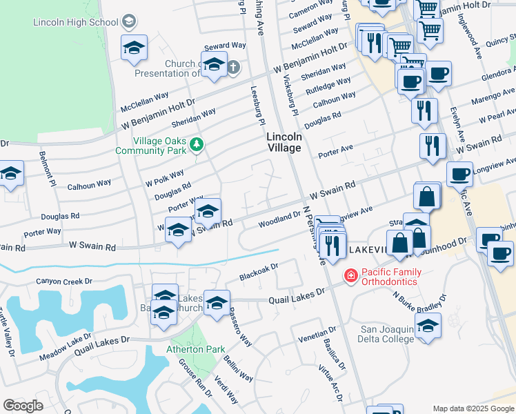 map of restaurants, bars, coffee shops, grocery stores, and more near 1657 West Swain Road in Stockton