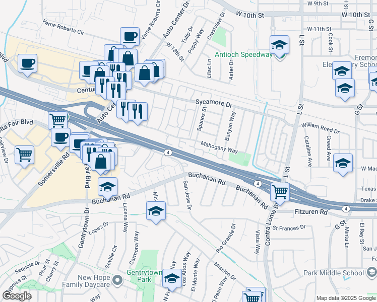 map of restaurants, bars, coffee shops, grocery stores, and more near 2400 Shadow Lane in Antioch