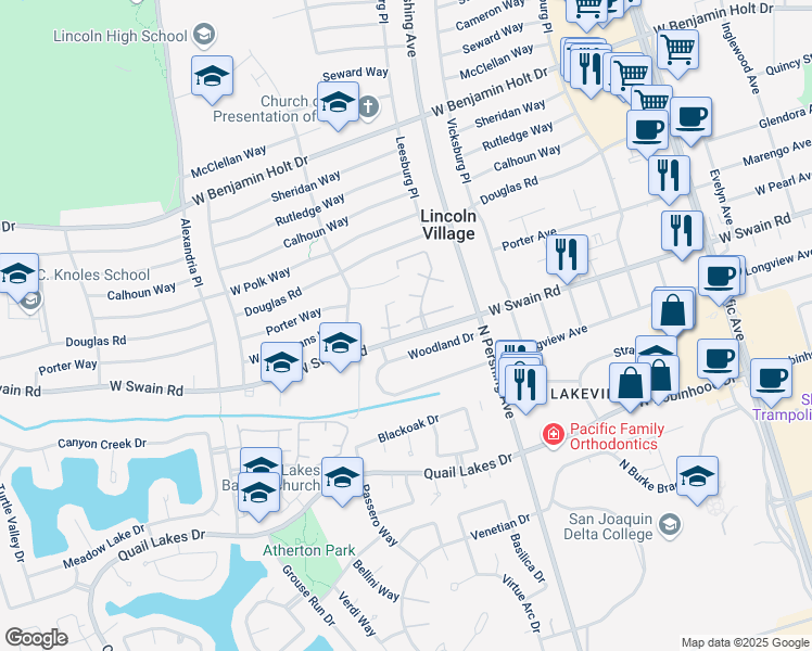 map of restaurants, bars, coffee shops, grocery stores, and more near 1657 West Swain Road in Stockton