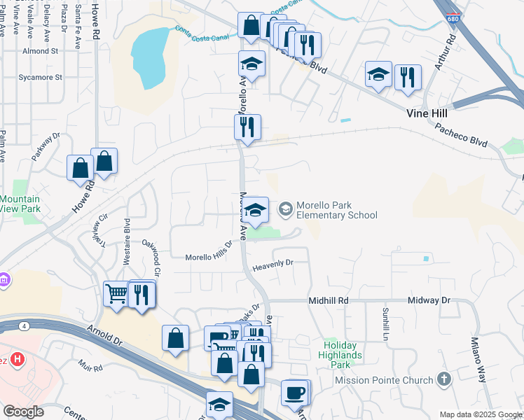 map of restaurants, bars, coffee shops, grocery stores, and more near 1109 Brittany Hills Court in Martinez
