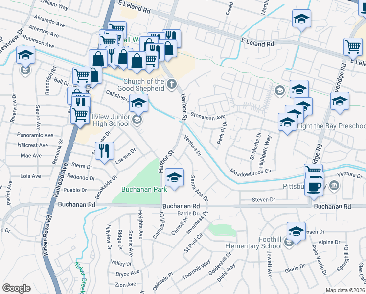 map of restaurants, bars, coffee shops, grocery stores, and more near 3828 Los Altos Place in Pittsburg
