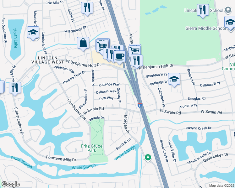 map of restaurants, bars, coffee shops, grocery stores, and more near 6325 Grigsby Place in Stockton
