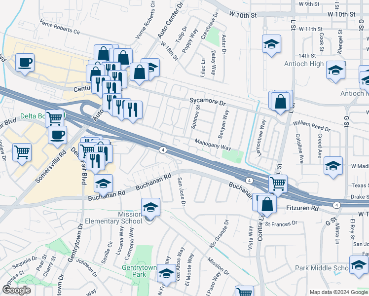 map of restaurants, bars, coffee shops, grocery stores, and more near 2400 Shadow Lane in Antioch