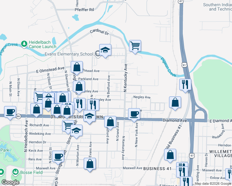 map of restaurants, bars, coffee shops, grocery stores, and more near 2555 North Bedford Avenue in Evansville