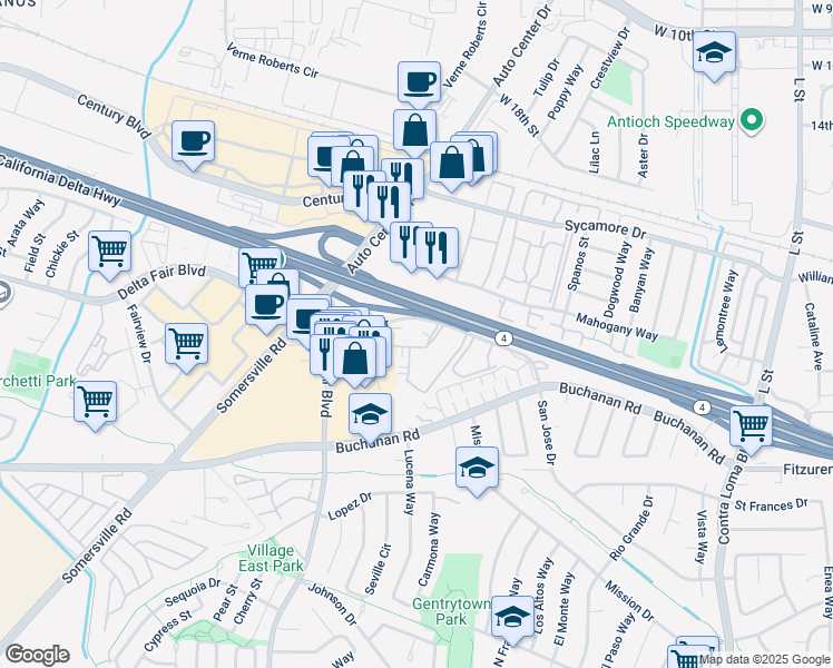 map of restaurants, bars, coffee shops, grocery stores, and more near 2201 San Jose Drive in Antioch