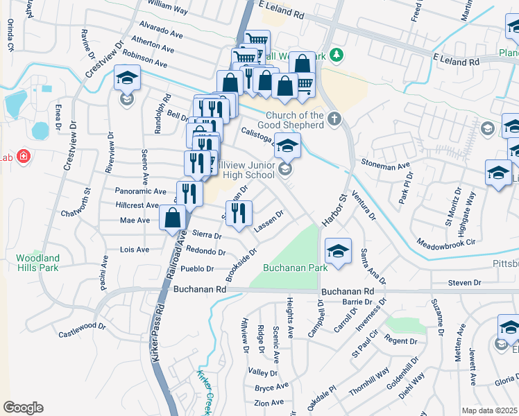 map of restaurants, bars, coffee shops, grocery stores, and more near 3879 Shasta Circle in Pittsburg