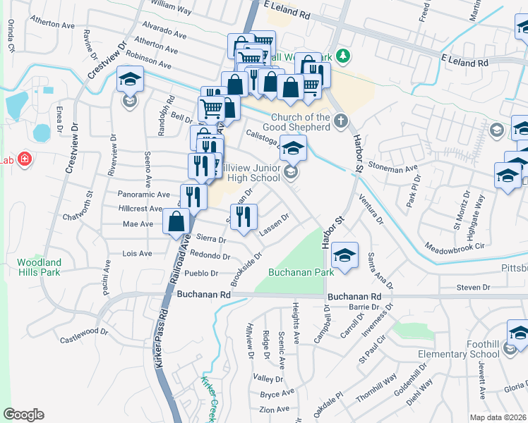 map of restaurants, bars, coffee shops, grocery stores, and more near 3879 Shasta Circle in Pittsburg