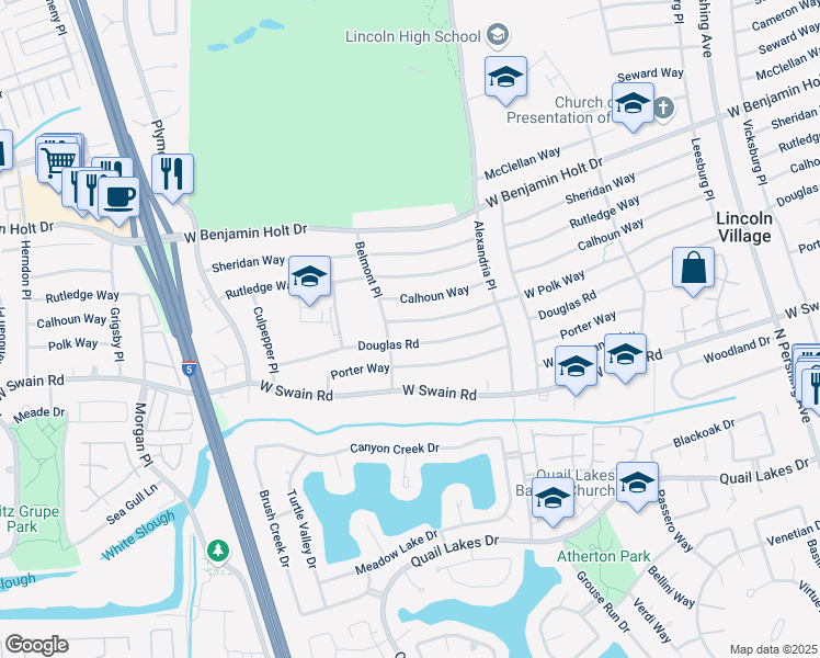 map of restaurants, bars, coffee shops, grocery stores, and more near 2403 West Polk Way in Stockton