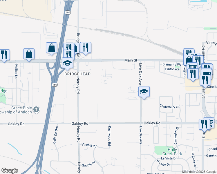 map of restaurants, bars, coffee shops, grocery stores, and more near 310 Sandy Lane in Oakley