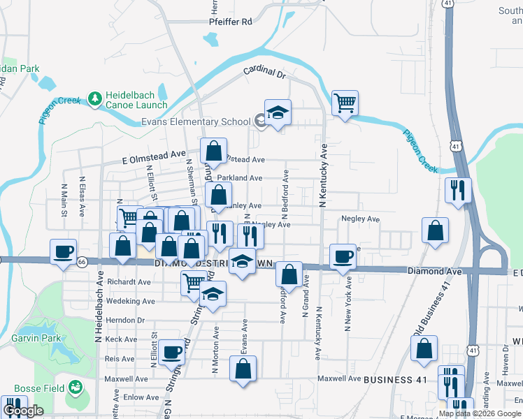 map of restaurants, bars, coffee shops, grocery stores, and more near 834 Stanley Avenue in Evansville