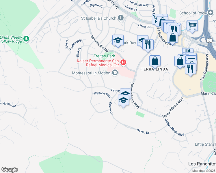 map of restaurants, bars, coffee shops, grocery stores, and more near 56 Esmeyer Dr in San Rafael