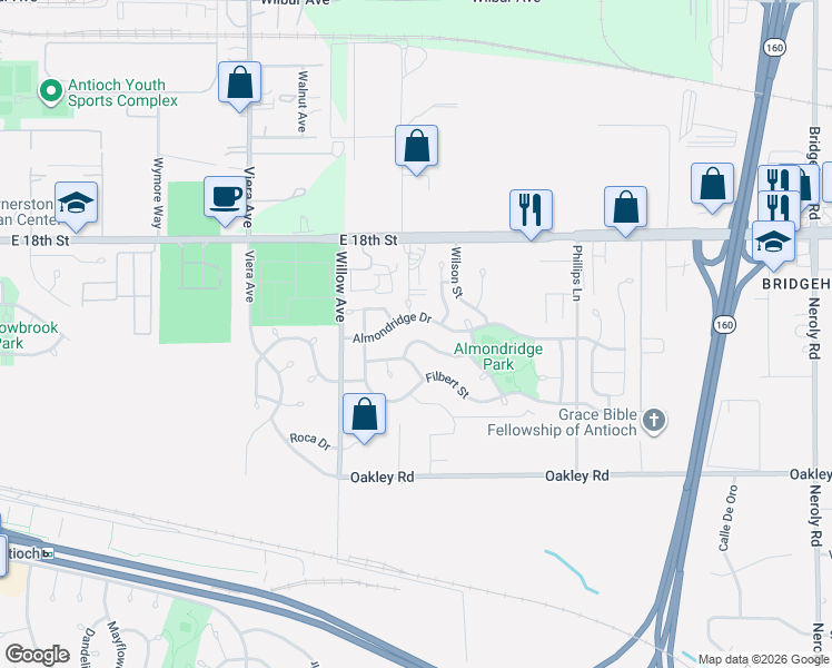 map of restaurants, bars, coffee shops, grocery stores, and more near 2825 Cashew Street in Antioch
