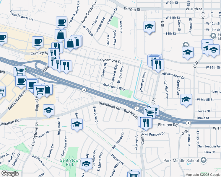 map of restaurants, bars, coffee shops, grocery stores, and more near 1701 Mahogany Way in Antioch