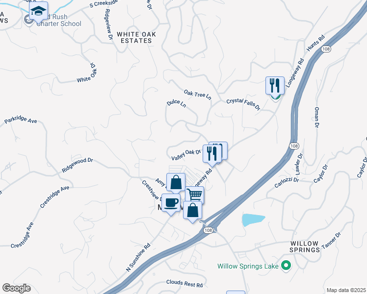 map of restaurants, bars, coffee shops, grocery stores, and more near 17320 Valley Oak Dr in Sonora