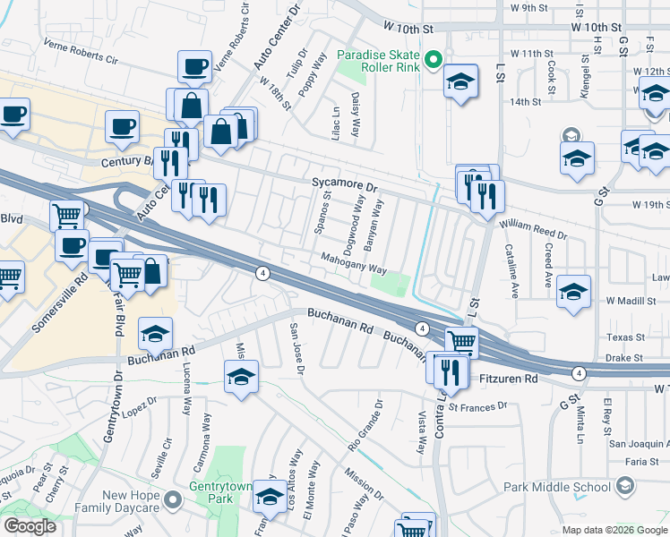 map of restaurants, bars, coffee shops, grocery stores, and more near 1707 Mahogany Way in Antioch