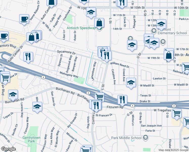 map of restaurants, bars, coffee shops, grocery stores, and more near 2309 Lemontree Way in Antioch