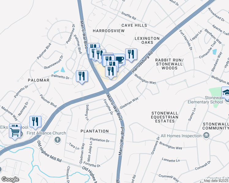 map of restaurants, bars, coffee shops, grocery stores, and more near 2031 Summerhayes Court in Lexington