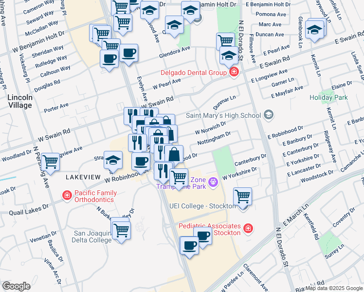 map of restaurants, bars, coffee shops, grocery stores, and more near 314 West Norwich Drive in Stockton