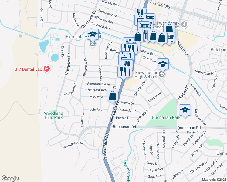 map of restaurants, bars, coffee shops, grocery stores, and more near Ramona Street & Hillcrest Avenue in Pittsburg