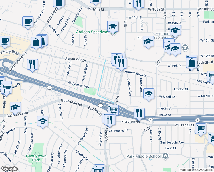 map of restaurants, bars, coffee shops, grocery stores, and more near 2309 Lemontree Way in Antioch