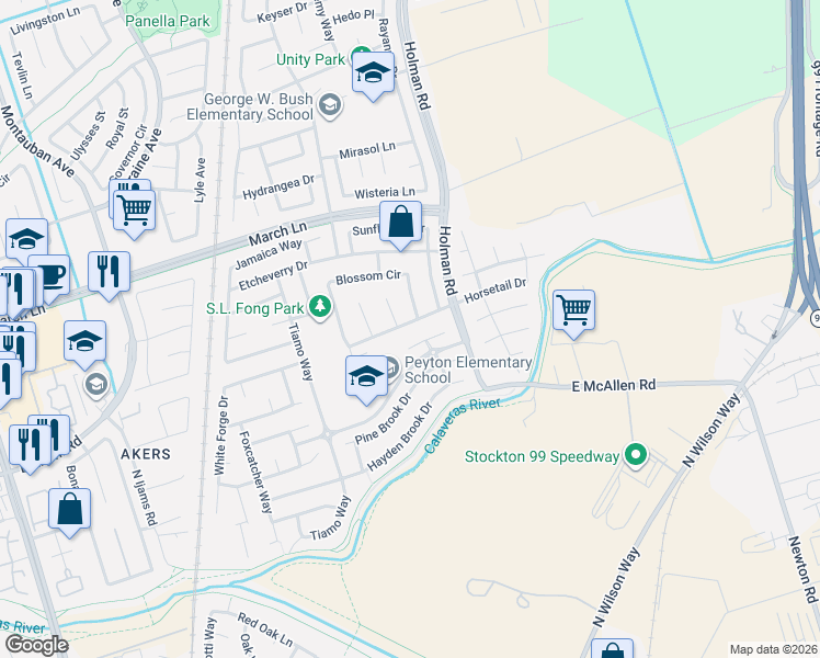 map of restaurants, bars, coffee shops, grocery stores, and more near 2729 Horsetail Drive in Stockton