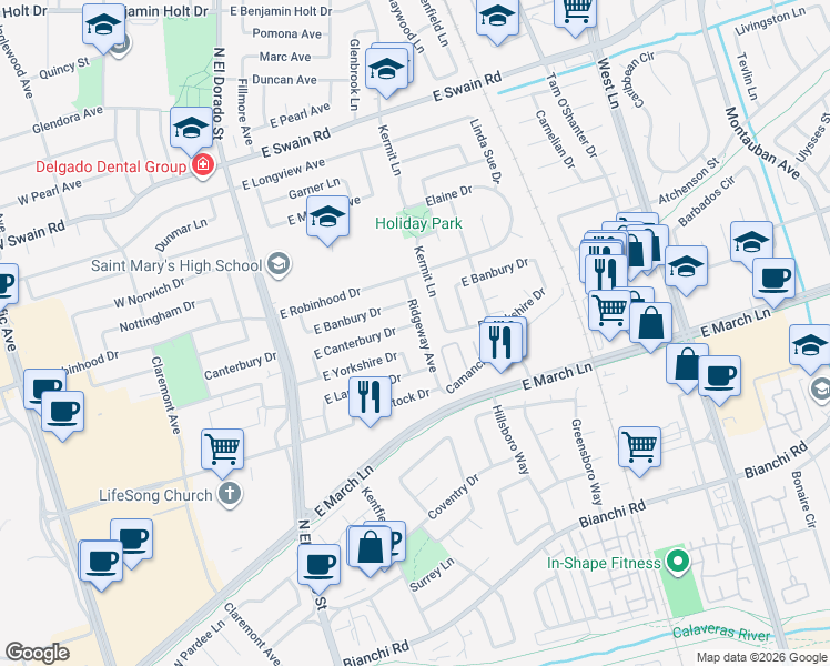 map of restaurants, bars, coffee shops, grocery stores, and more near 5431 Kermit Lane in Stockton