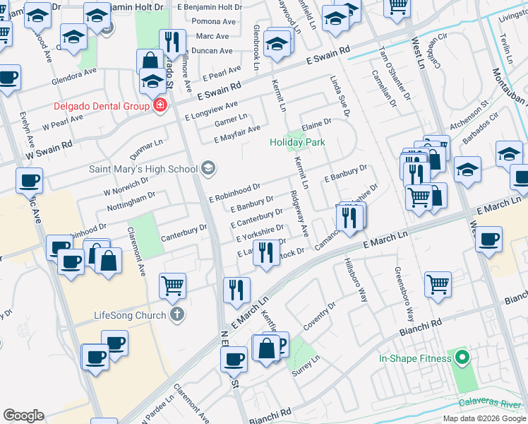 map of restaurants, bars, coffee shops, grocery stores, and more near 306 East Banbury Drive in Stockton