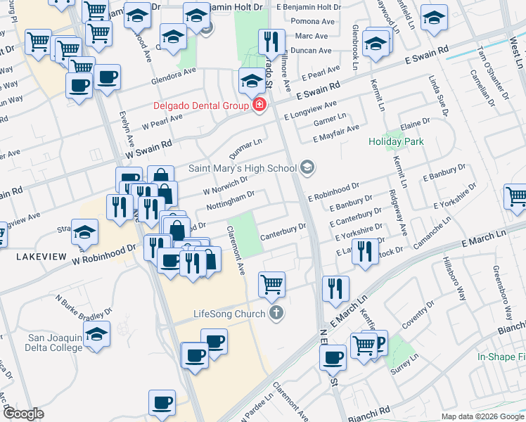 map of restaurants, bars, coffee shops, grocery stores, and more near 15 West Robinhood Drive in Stockton
