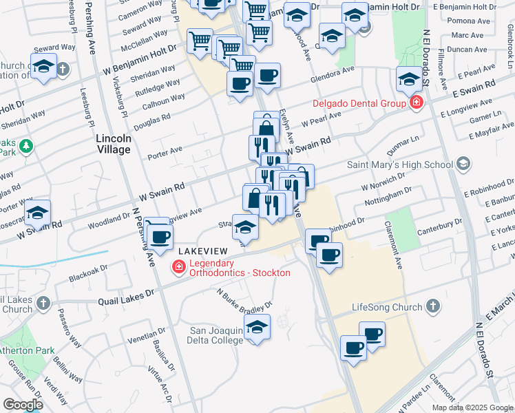 map of restaurants, bars, coffee shops, grocery stores, and more near 822 West Longview Avenue in Stockton