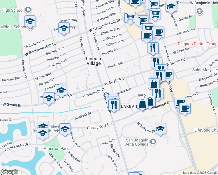 map of restaurants, bars, coffee shops, grocery stores, and more near 5971 Mitchler Avenue in Stockton