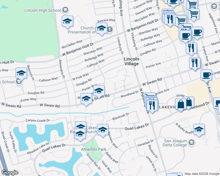 map of restaurants, bars, coffee shops, grocery stores, and more near 6134 Harrisburg Place in Stockton