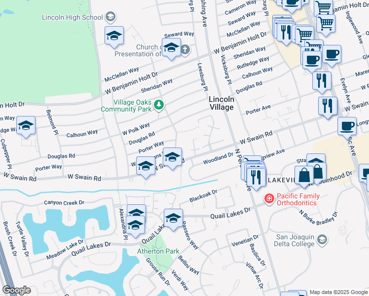 map of restaurants, bars, coffee shops, grocery stores, and more near 6134 Harrisburg Place in Stockton