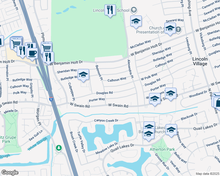map of restaurants, bars, coffee shops, grocery stores, and more near 2403 West Polk Way in Stockton