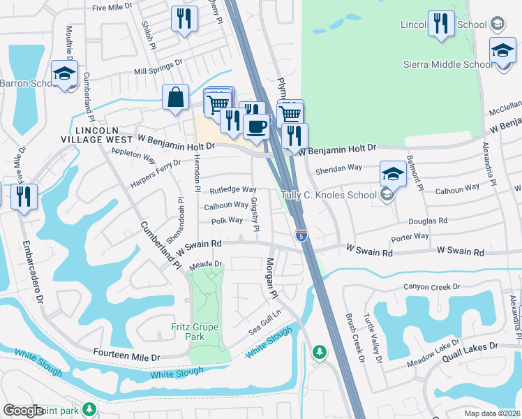 map of restaurants, bars, coffee shops, grocery stores, and more near 6403 Grigsby Place in Stockton
