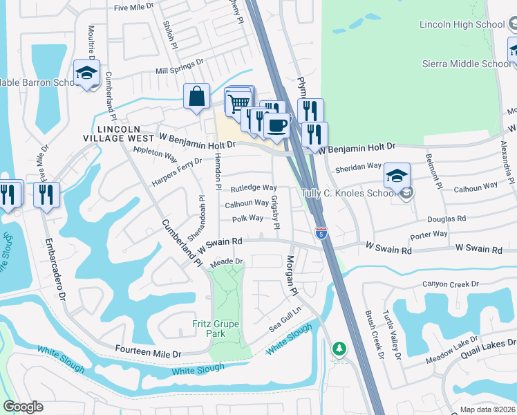 map of restaurants, bars, coffee shops, grocery stores, and more near 3147 Calhoun Way in Stockton