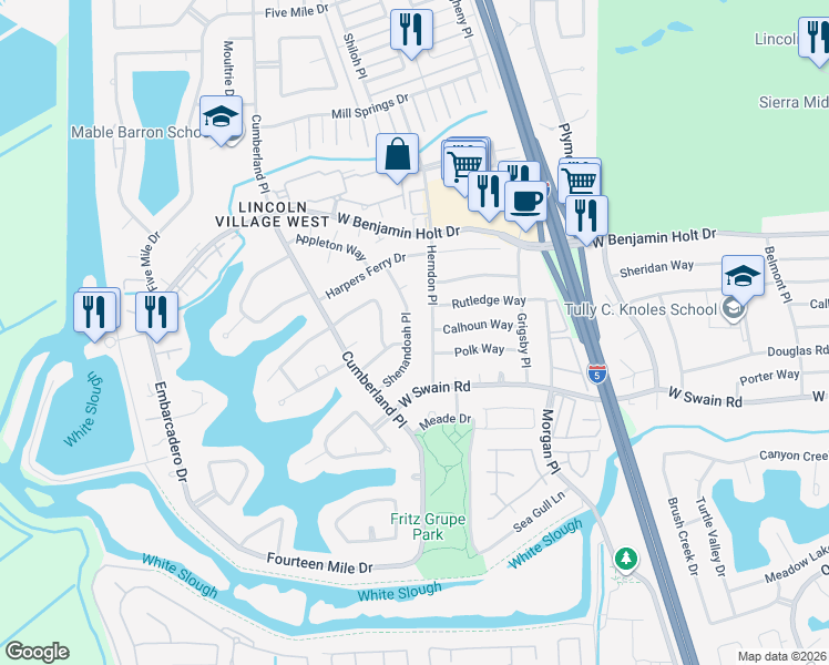map of restaurants, bars, coffee shops, grocery stores, and more near 6331 Shenandoah Place in Stockton