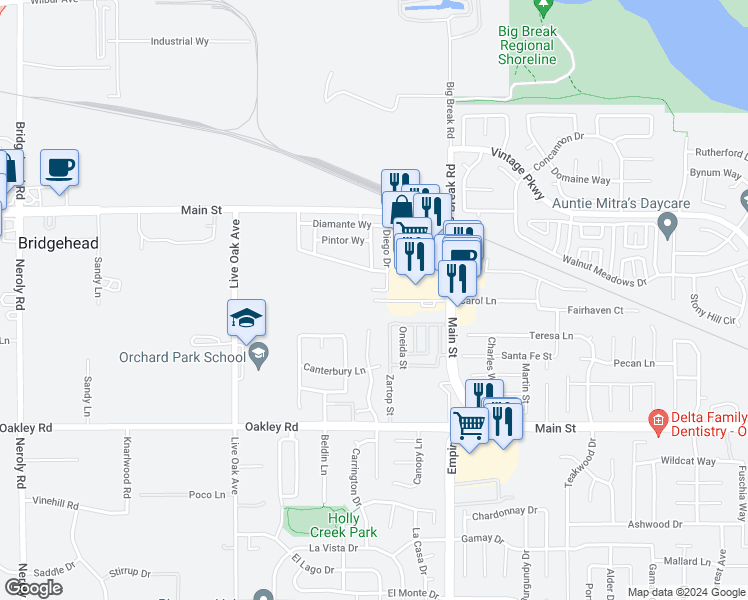 map of restaurants, bars, coffee shops, grocery stores, and more near 69 Carol Lane in Oakley