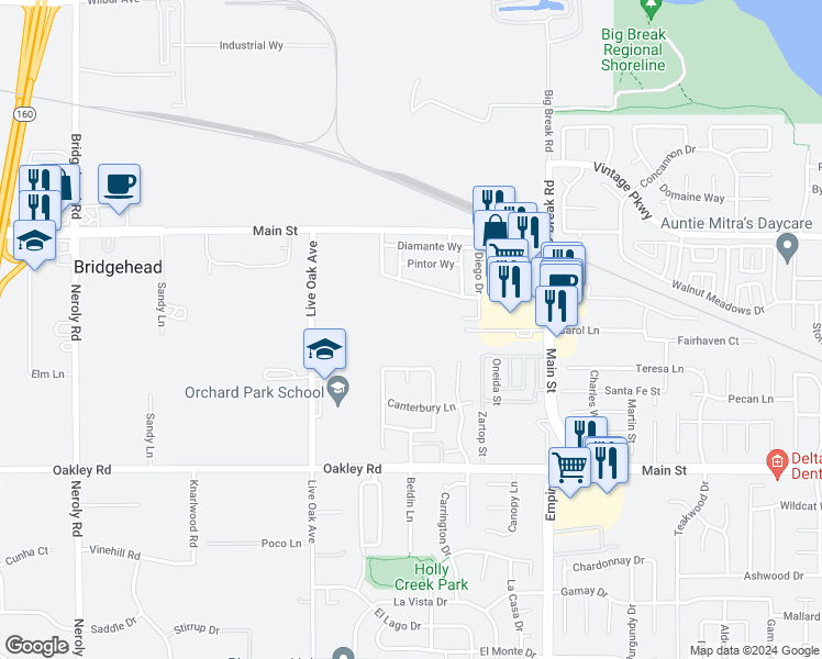 map of restaurants, bars, coffee shops, grocery stores, and more near 67 Carol Lane in Oakley