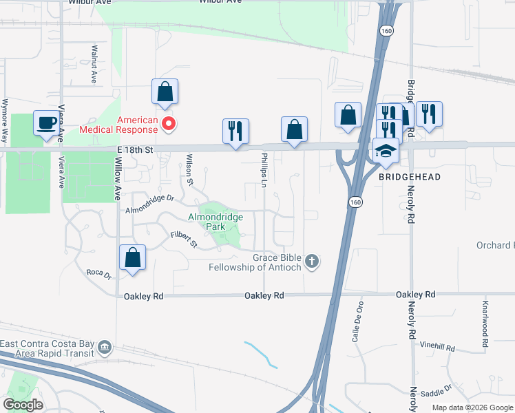 map of restaurants, bars, coffee shops, grocery stores, and more near 1880 Phillips Lane in Antioch