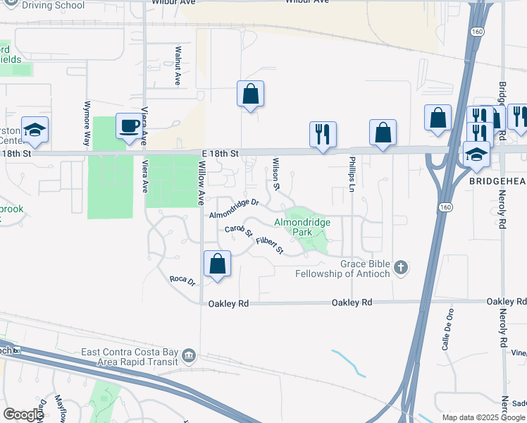 map of restaurants, bars, coffee shops, grocery stores, and more near 2034 Sugar Pine Street in Antioch