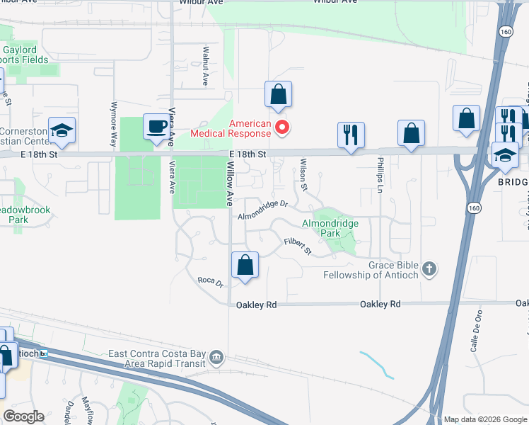 map of restaurants, bars, coffee shops, grocery stores, and more near 2709 Coffee Tree Way in Antioch