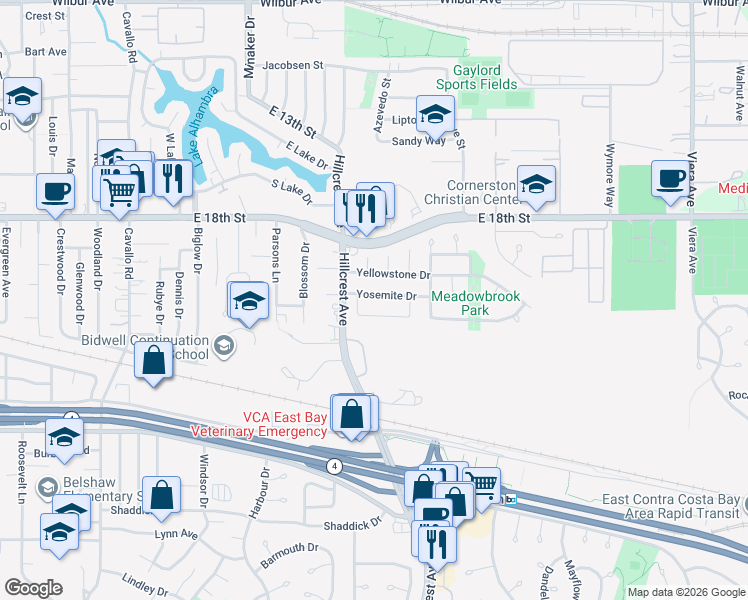 map of restaurants, bars, coffee shops, grocery stores, and more near 1417 Yosemite Drive in Antioch