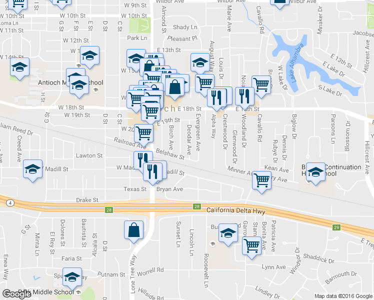 map of restaurants, bars, coffee shops, grocery stores, and more near 1940 Deodar Avenue in Antioch