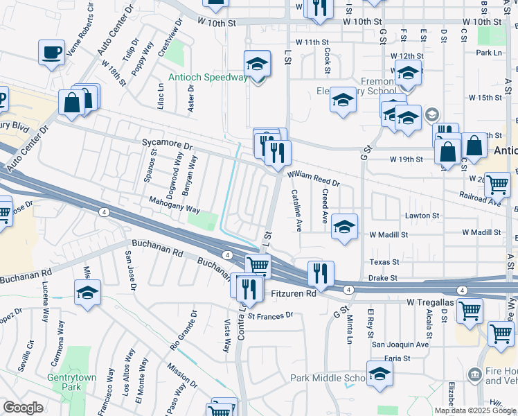 map of restaurants, bars, coffee shops, grocery stores, and more near 2204 L Street in Antioch