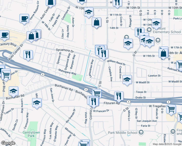 map of restaurants, bars, coffee shops, grocery stores, and more near 2301 Lemontree Way in Antioch