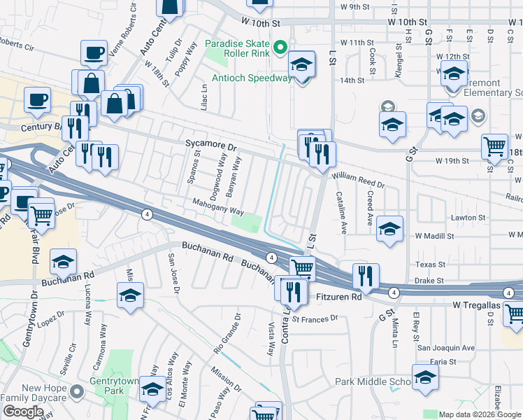 map of restaurants, bars, coffee shops, grocery stores, and more near 2305 Manzanita Way in Antioch