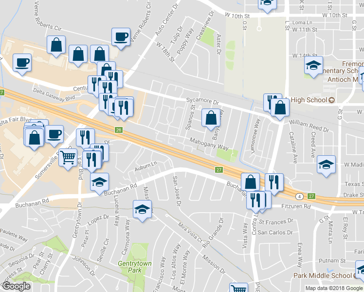 map of restaurants, bars, coffee shops, grocery stores, and more near 2405 Shadow Lane in Antioch