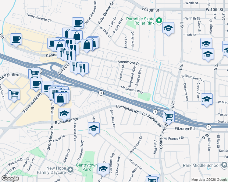 map of restaurants, bars, coffee shops, grocery stores, and more near 2400 Horizon Lane in Antioch