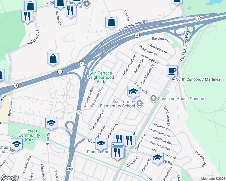 map of restaurants, bars, coffee shops, grocery stores, and more near 3631 Hillsborough Drive in Concord